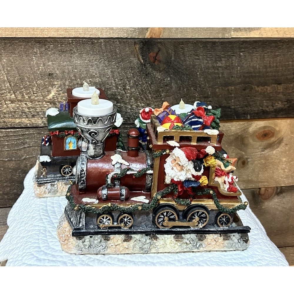 Teddy Bear Santa Train 3 Pc Set Holds‎ Tea Lights Mantle Decor Vintage New Gift